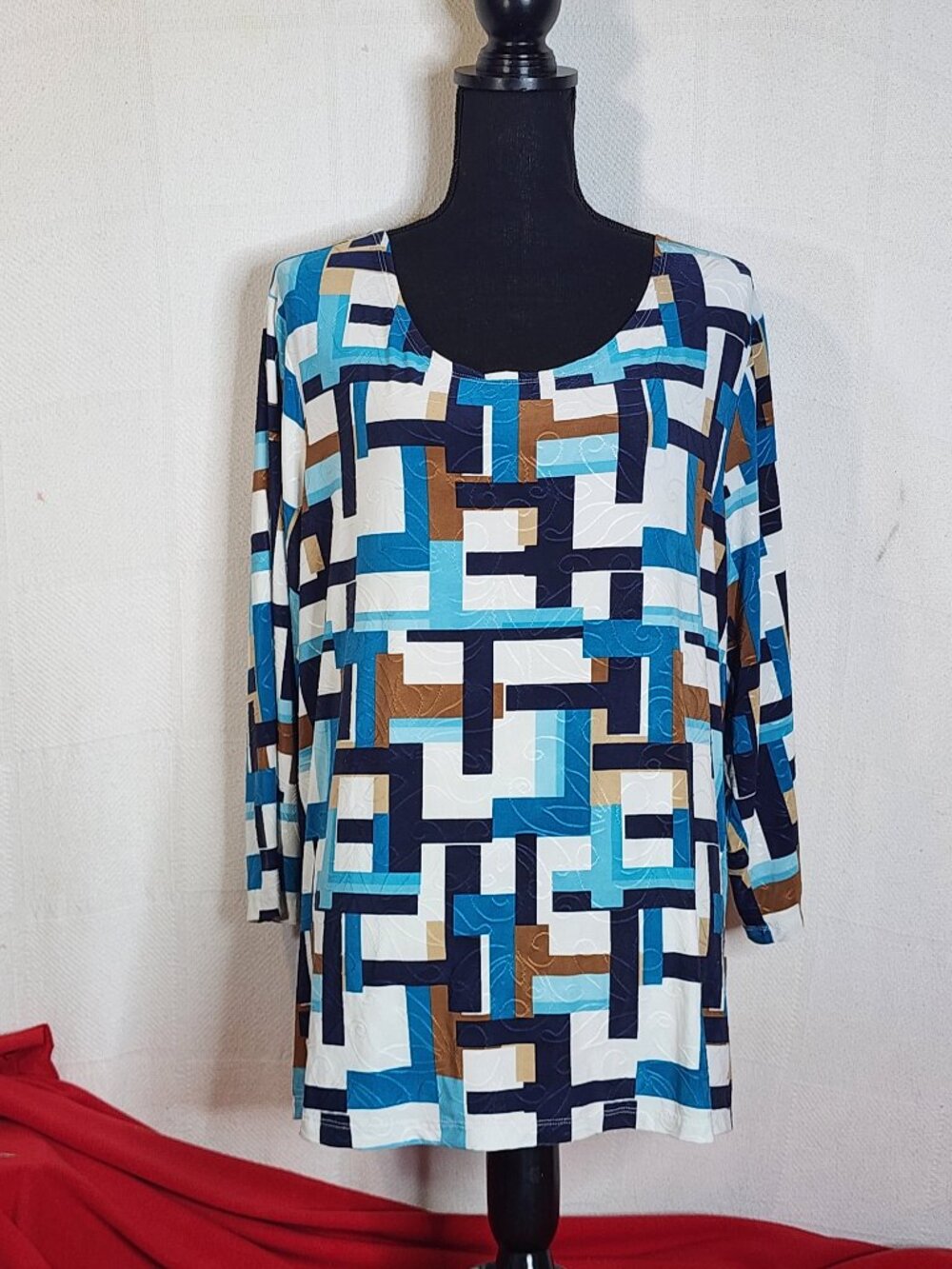 JM Collection Woman Teal Peacock Brown Black Abstract Jacquard 3/4 Sleeve Top 3X